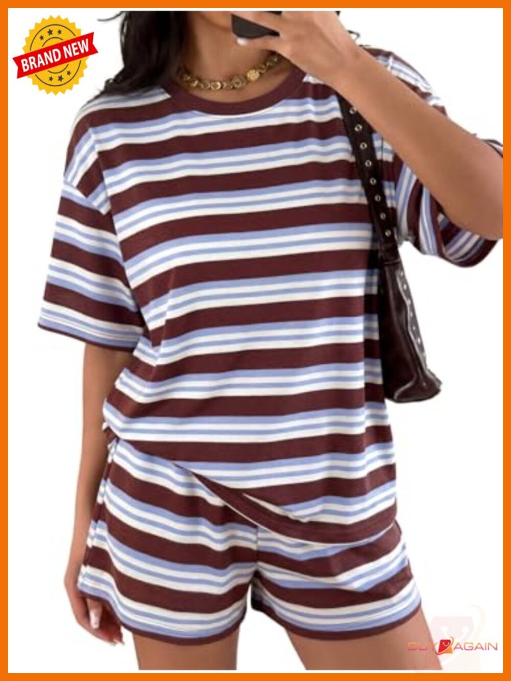 Women 2 Piece Lounge Set Oversized Stripe Tee High Waisted Shorts Summer Casual